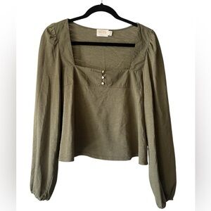 Nation LTD Olive Green Long Sleeve Blouse with Button Detailing Medium